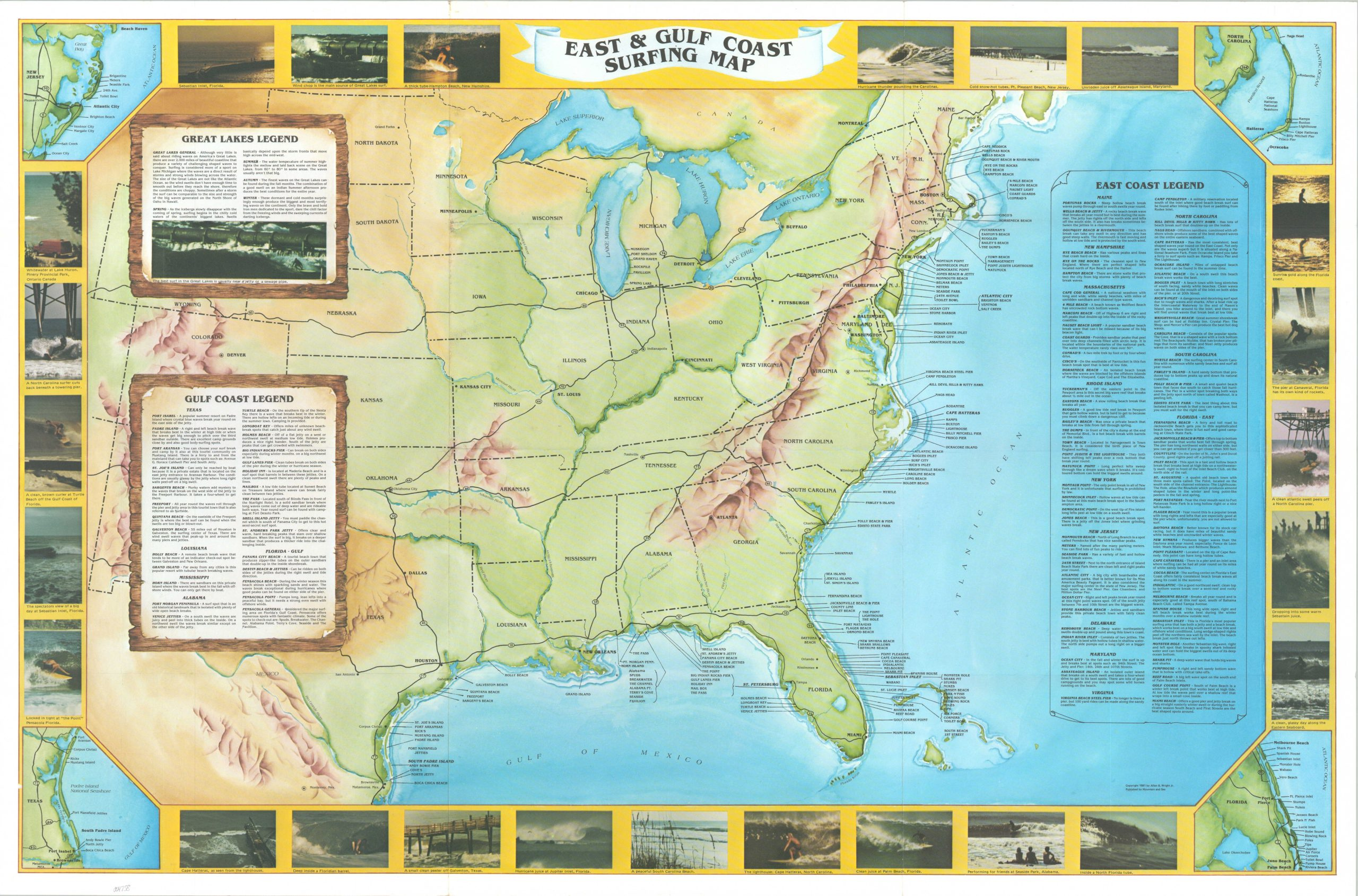 East & Gulf Coast Surfing Map within Map of USA East Coast Beaches