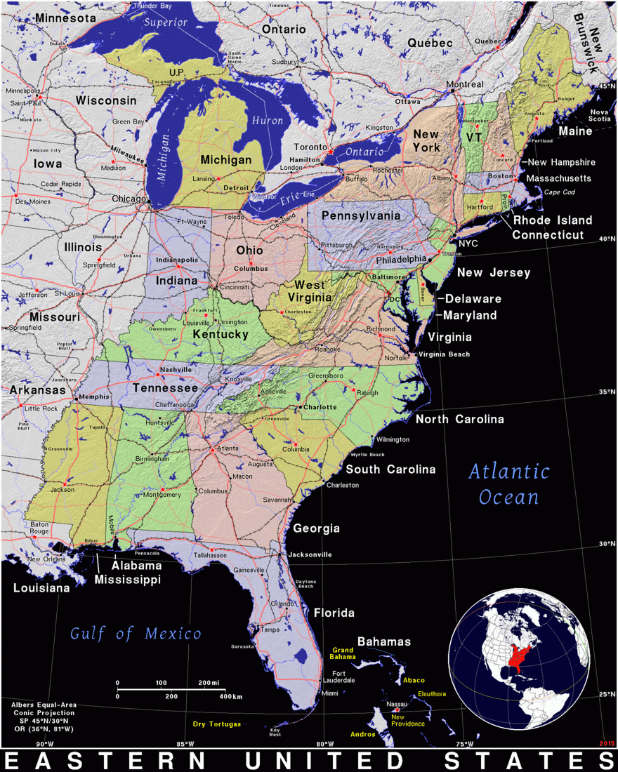 Eastern United States · Public Domain Mapspat, The Free, Open in Detailed Map of East Coast USA
