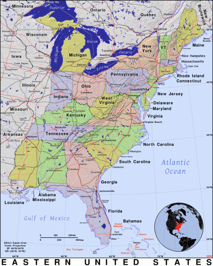 Map of Eastern USA with States and Cities