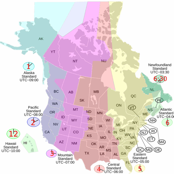 Map of USA and Canada with Time Zones