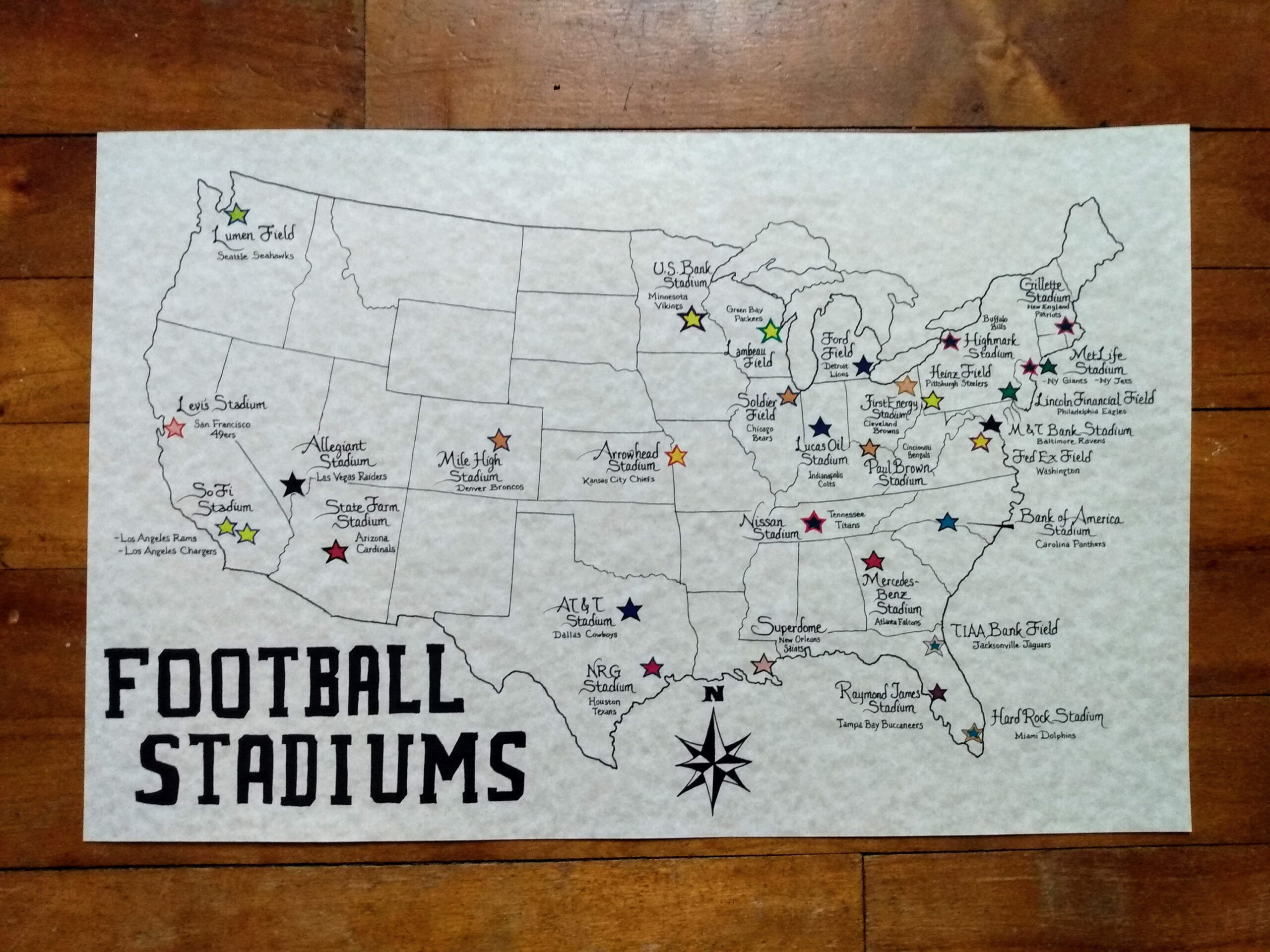 Football Stadiums Map U.s. - Etsy with regard to Map of All Football Stadiums In USA