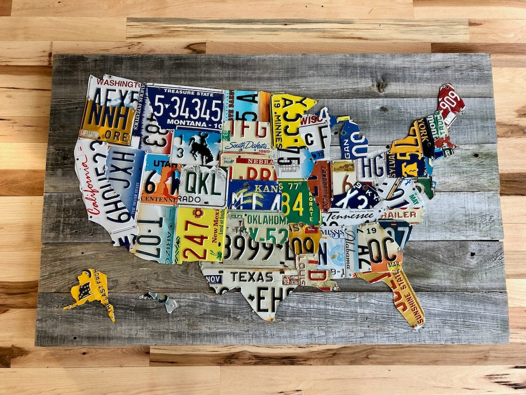 Full Size 50 State License Plate Map - All Authentic License Plates/ Hand Made In The Usa - Etsy.de throughout Real License Plate Map of USA