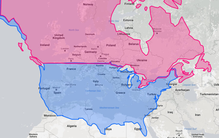 Map of USA Superimposed On Europe Map of USA Superimposed On Europe