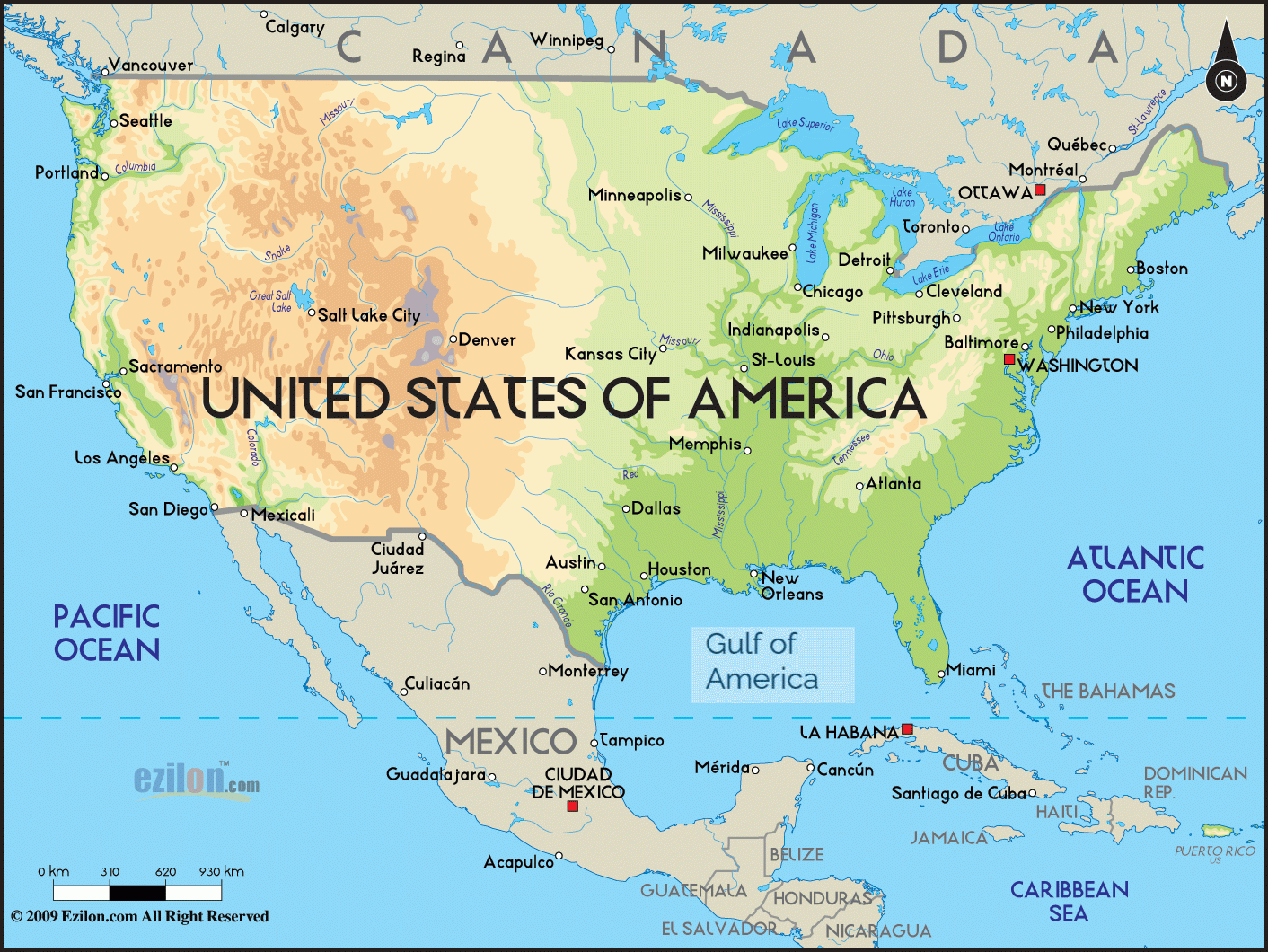 Geographical Map Of The United States Of America - Ezilon Maps in Atlantic Ocean On Map Of Usa