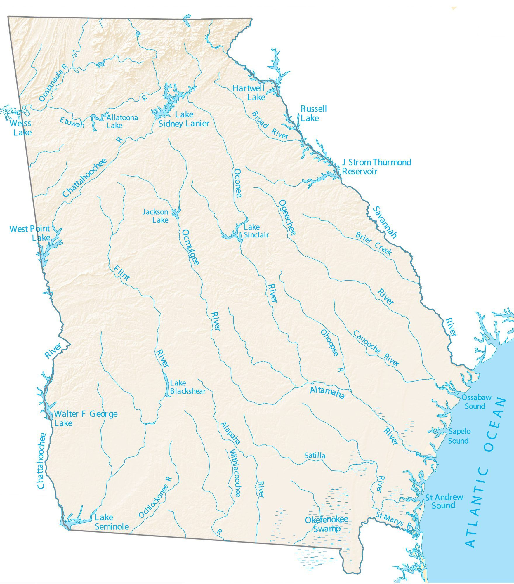 Georgia Lakes And Rivers Map - Gis Geography within Map of Lakes In Georgia USA