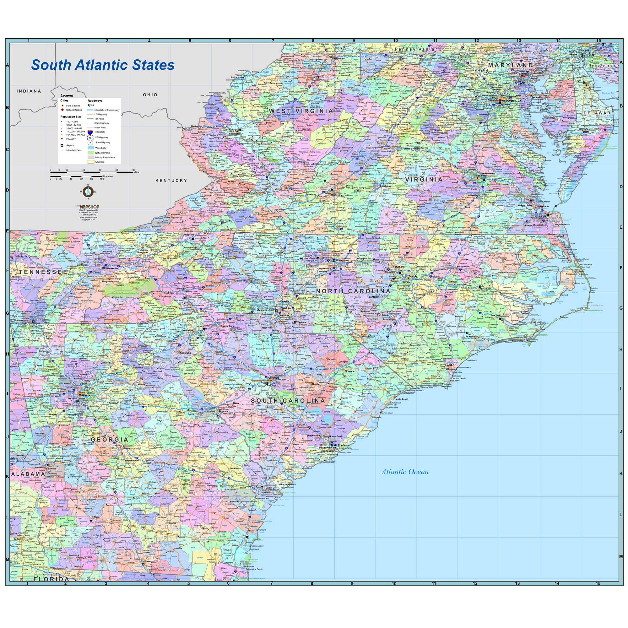 Georgia, North &amp;amp; South Carolina &amp;amp; Virginia Regional Wall Map for Map of Georgia and South Carolina USA with Cities