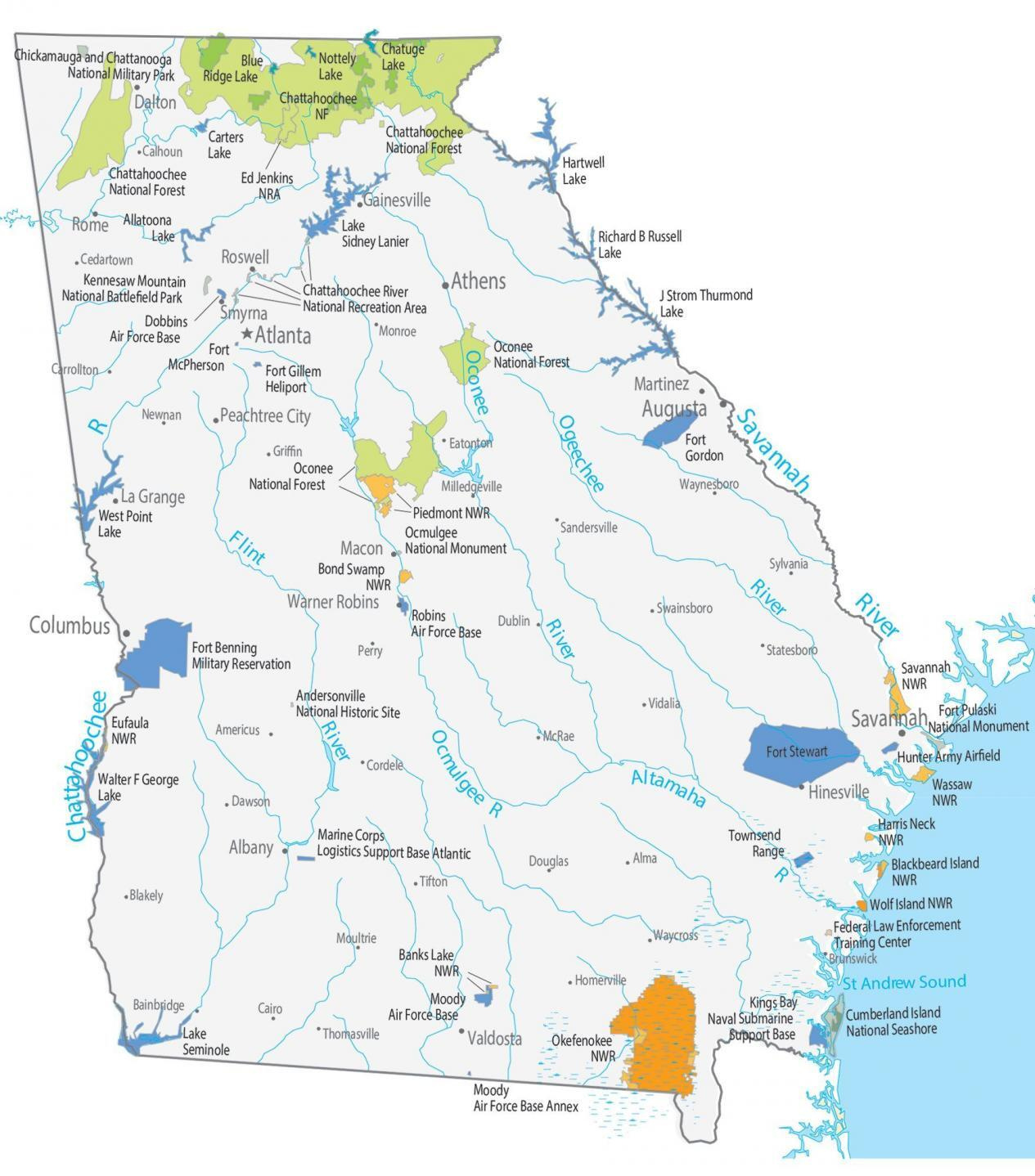 Georgia State Map - Places And Landmarks - Gis Geography within Map of Lakes In Georgia USA