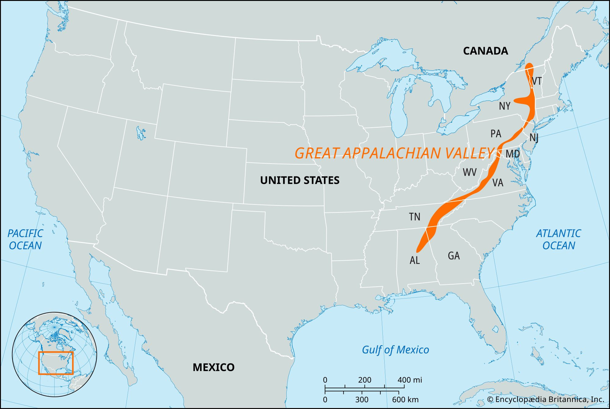 Great Appalachian Valley | United States, Map, & Facts | Britannica within Map Of Usa With Appalachian Mountains