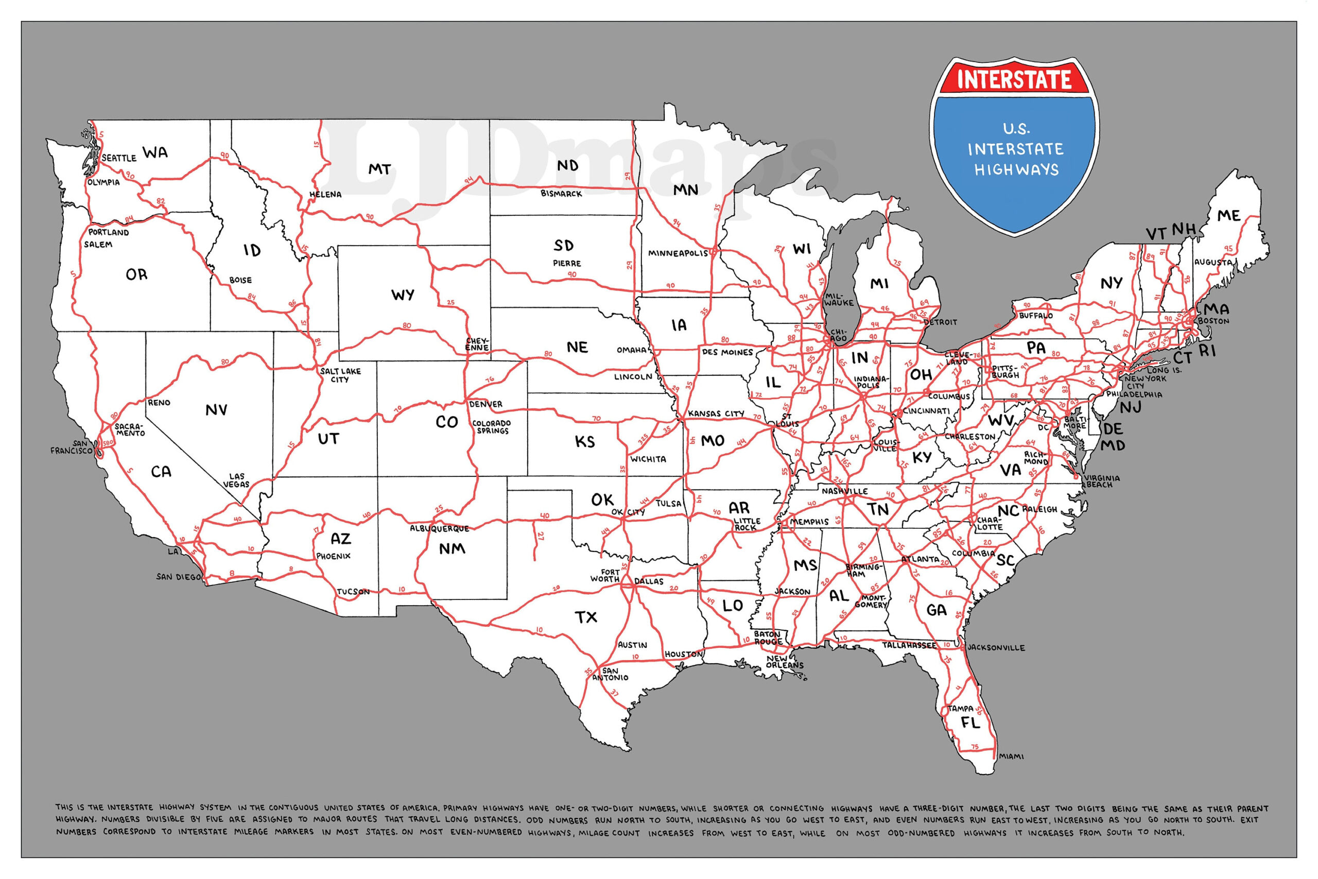 Handgezeichnete Us Interstate Landkarte | Digitaler, Druckbarer pertaining to Map Of Usa With Interstate Highways And Cities