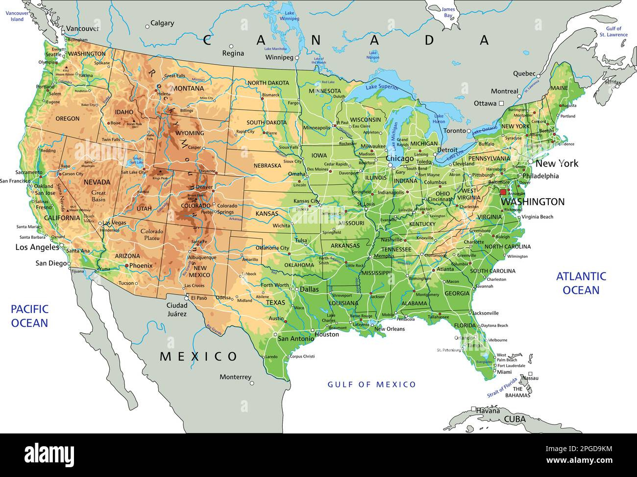 High Detailed United States Of America Physical Map With Labeling for Physical Map of the USA with Labels