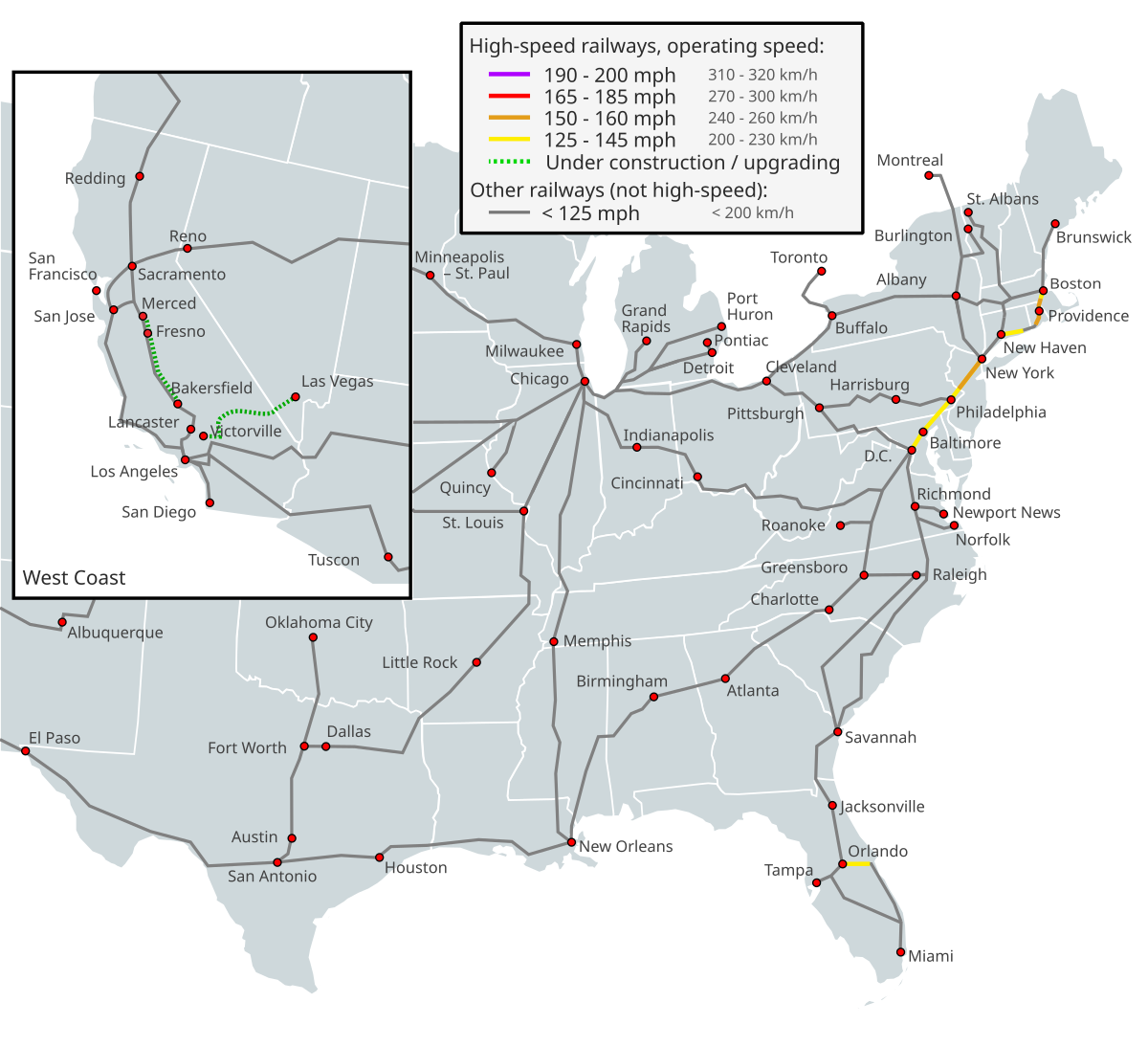 High-Speed Rail In The United States - Wikipedia for Map Of Passenger Trains In Usa