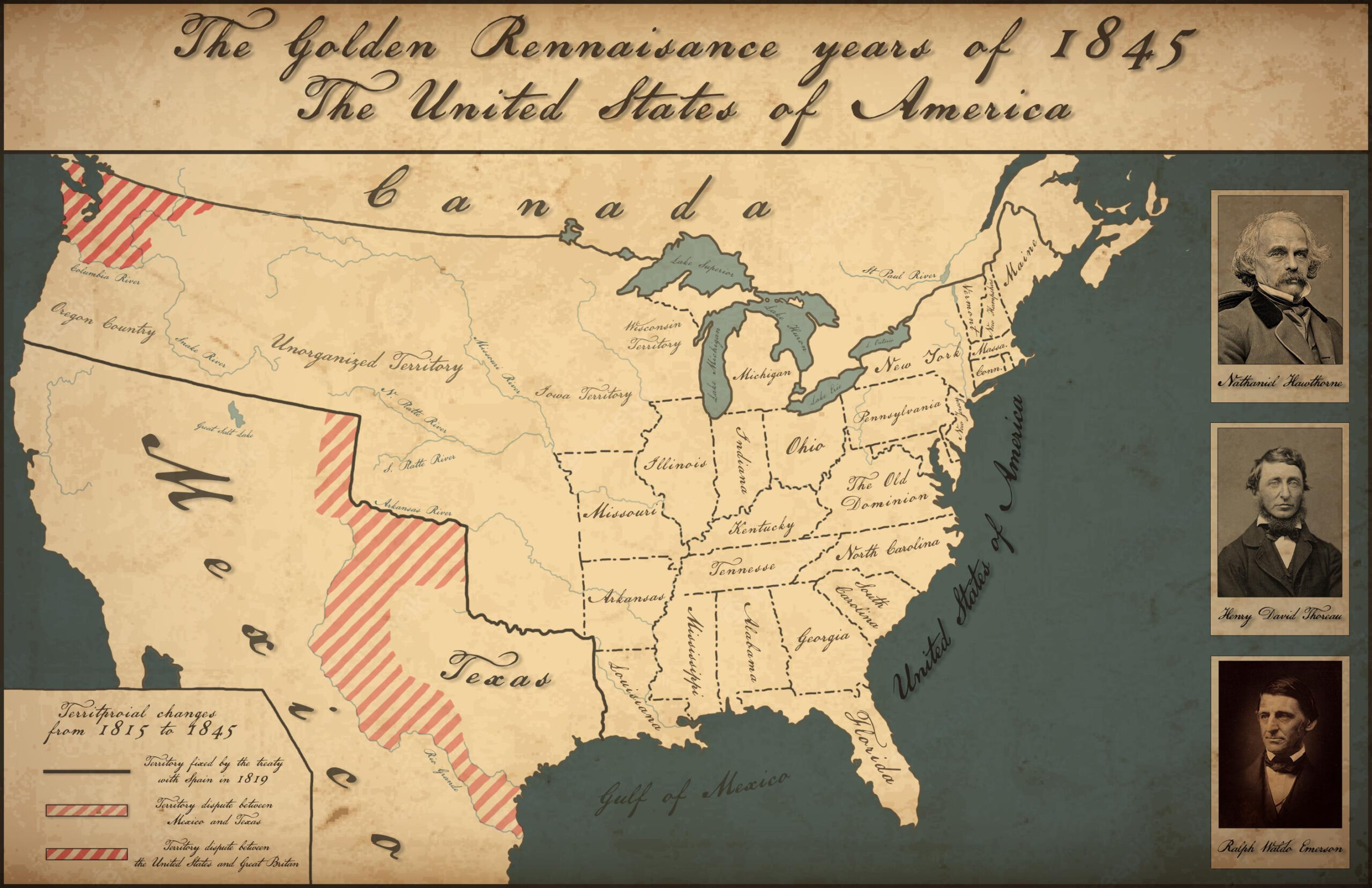 I Made A Map Of 1845 Usa And Some Contemporary Poets And Writers for Map Of The Usa In 1845