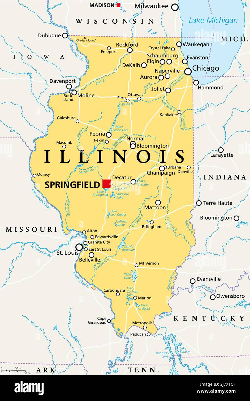Illinois, Il, Political Map, With Capital Springfield And with Map of USA Chicago with States and Cities