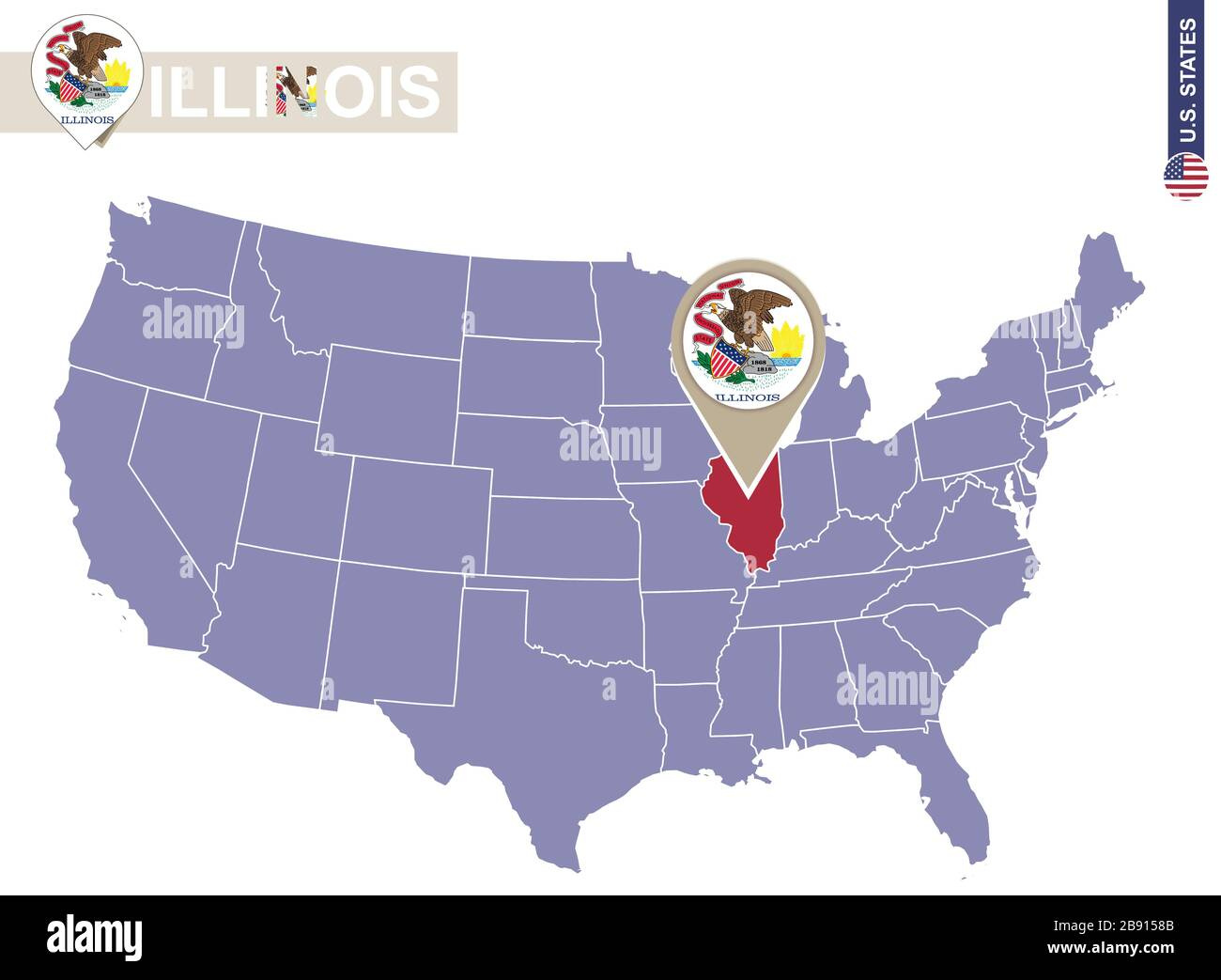 Illinois State On Usa Map. Flagge Und Karte Von Illinois. Us intended for Chicago On A Map Of The Usa