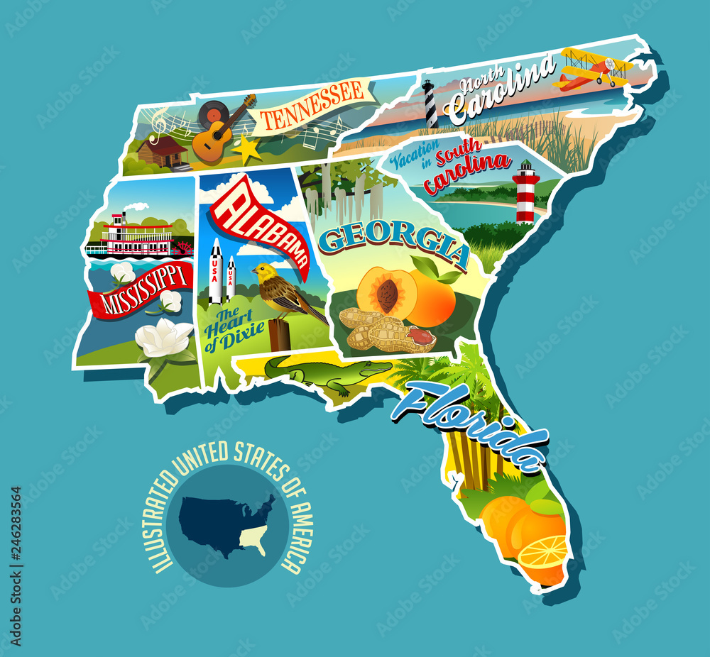 Illustrated Pictorial Map Of Southern United States. Includes with regard to Map of Georgia and Florida USA