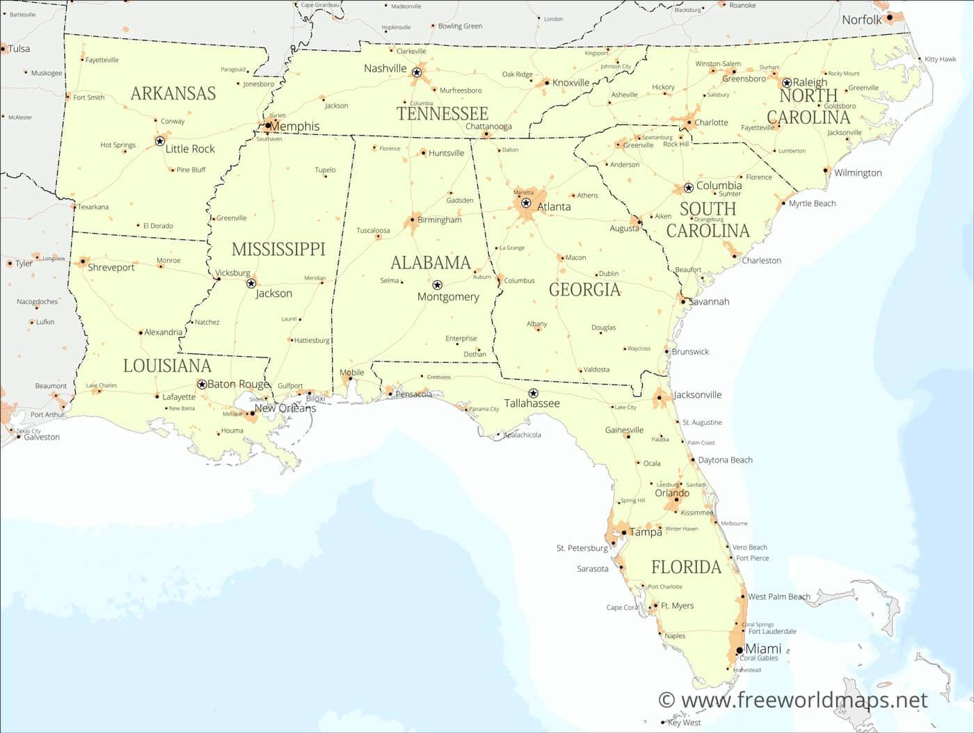 Ist Dies Eine Gute Möglichkeit, Den Süden Der Vereinigten Staaten intended for Map of Southeast USA with Major Cities