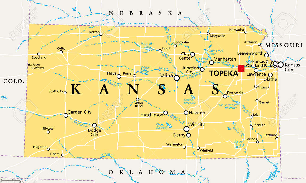 Kansas, Ks, Political Map With Capital Topeka, Important Rivers pertaining to Kansas City On Map of USA