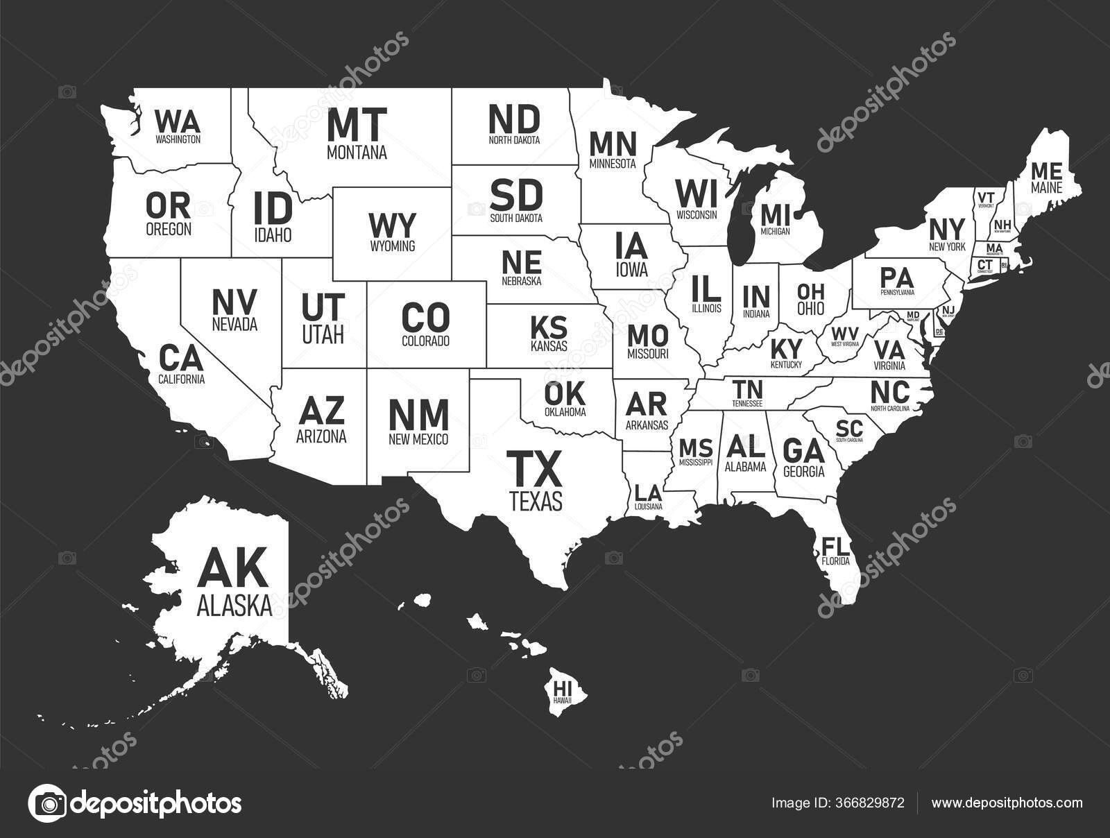 Karte Der Vereinigten Staaten Von Amerika Mit Staatsnamen Und intended for Black and White Map of the USA with State Names