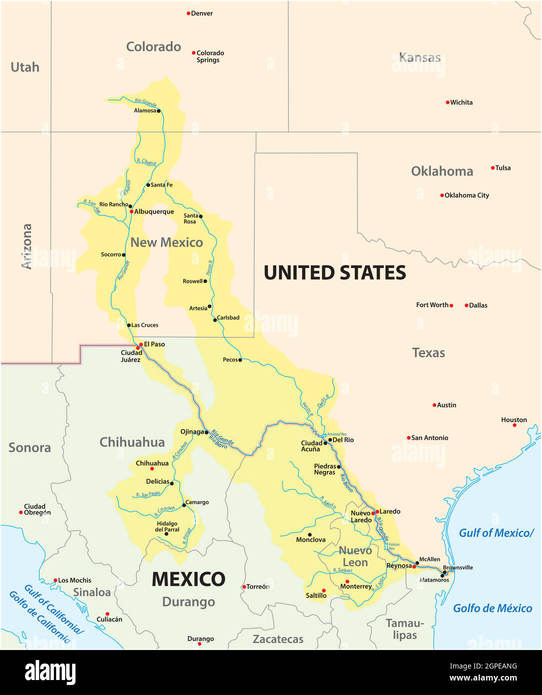 Karte Des Rio Grande, Rio Bravo Drainage Basin, Mexiko, Usa Stock with regard to Rio Grande On Map of USA