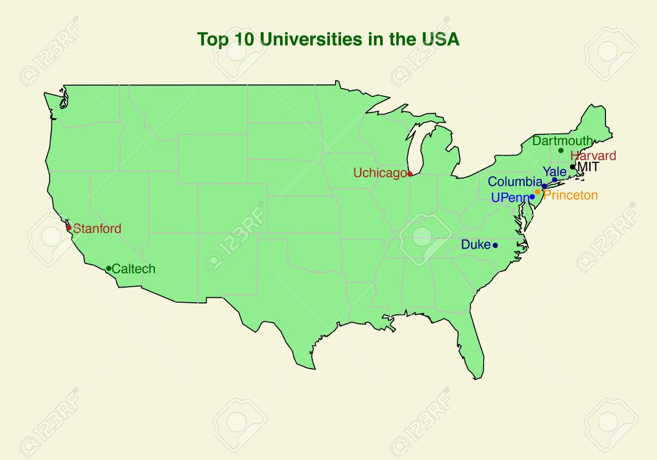 Karte Von Zehn Top 10 Universität In Den Usa Lizenzfrei Nutzbare intended for Map of Best Universities In USA