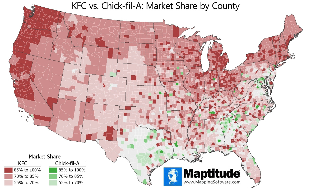 Kfc Vs. Chick-Fil-A Restaurantsus County: Brilliant Maps intended for Map of Chick Fil A&amp;amp;#039;s In the USA