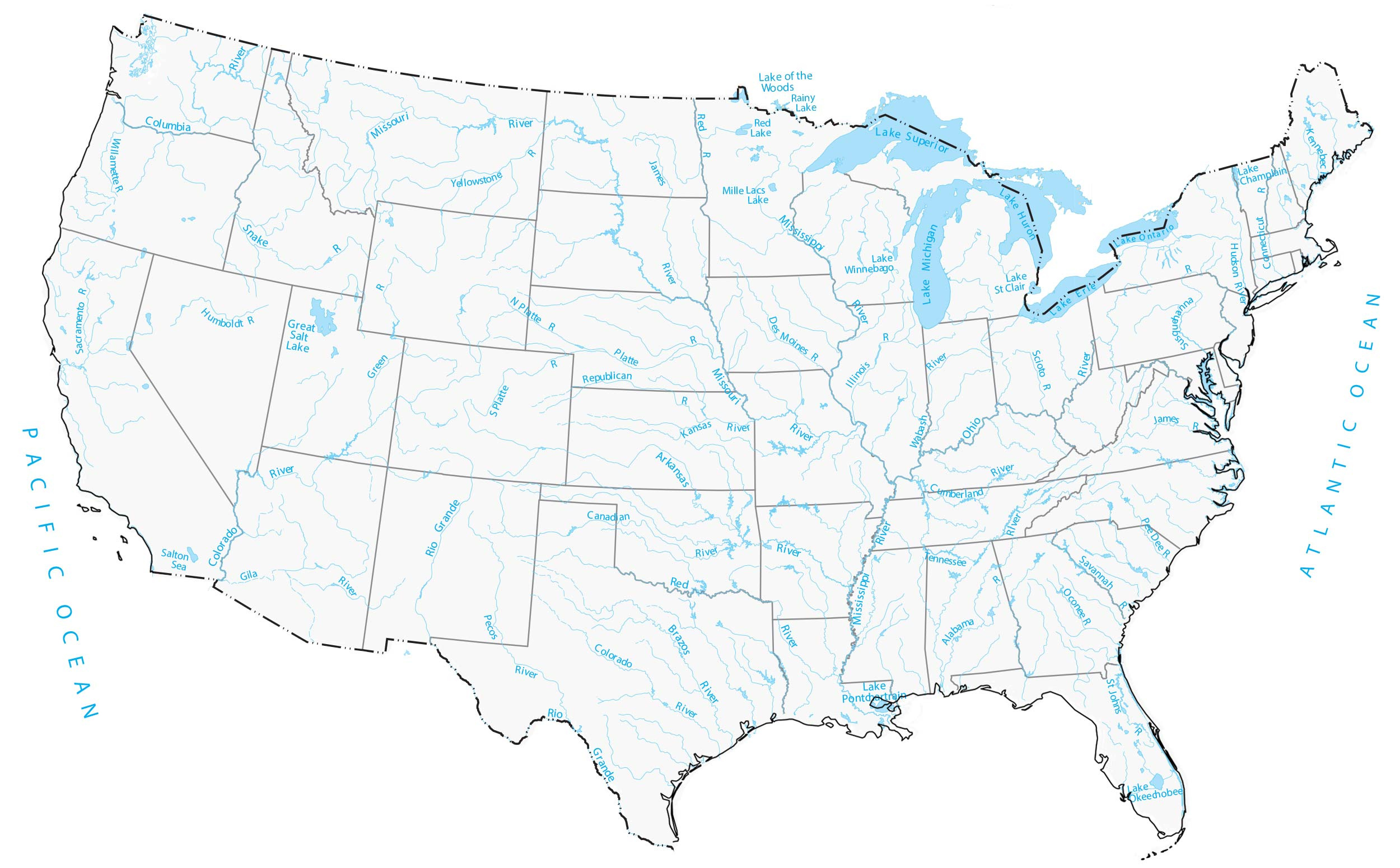 Lakes And Rivers Map Of The United States - Gis Geography inside Physical Map Of Usa With Rivers