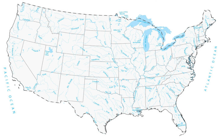 Map of USA with Rivers Lakes and Mountains
