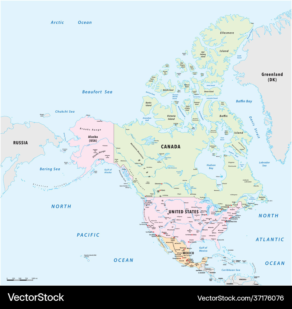 Landkarte Nordamerika Mexico Canada Und Usa Vektorbild throughout Labeled Map of Canada and USA