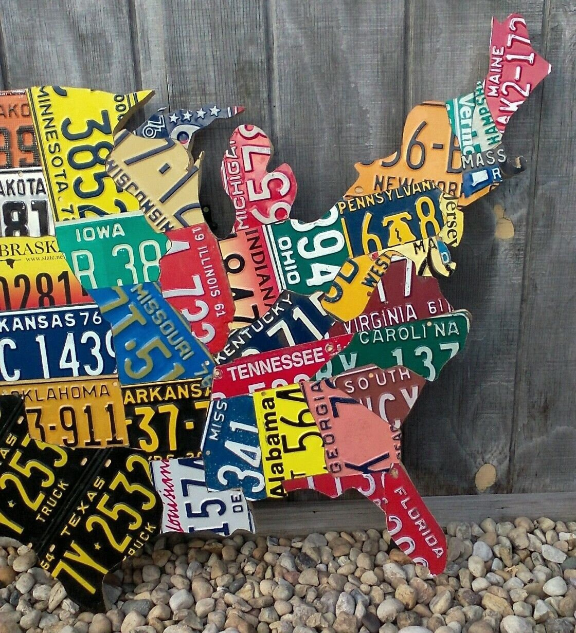 Large Cutout License Plate Map Art- All 50 States!!! - Etsy Canada for USA Map Made of License Plates