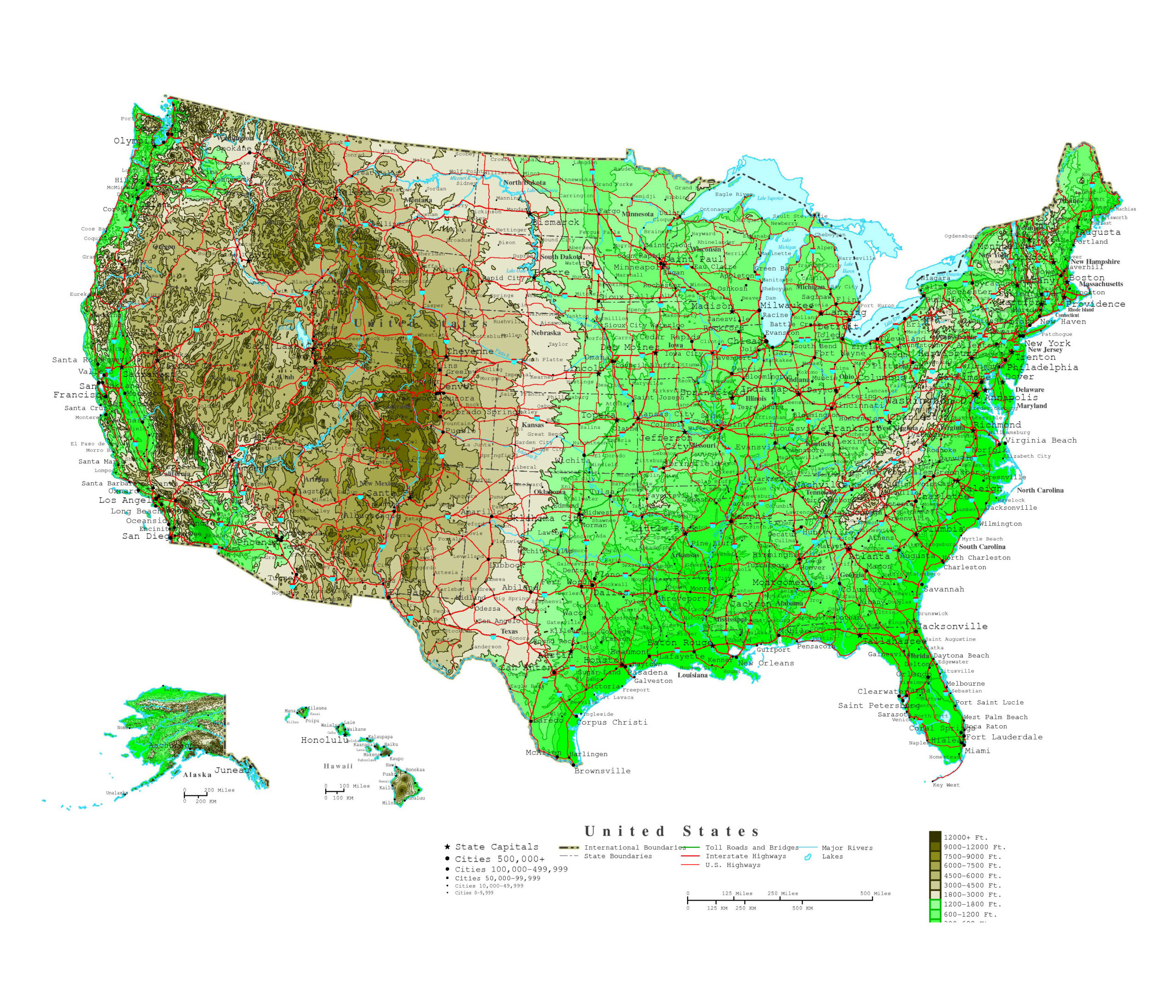 Large Detailed Elevation Map Of The United States With Roads And in Topographic Map of USA with Cities