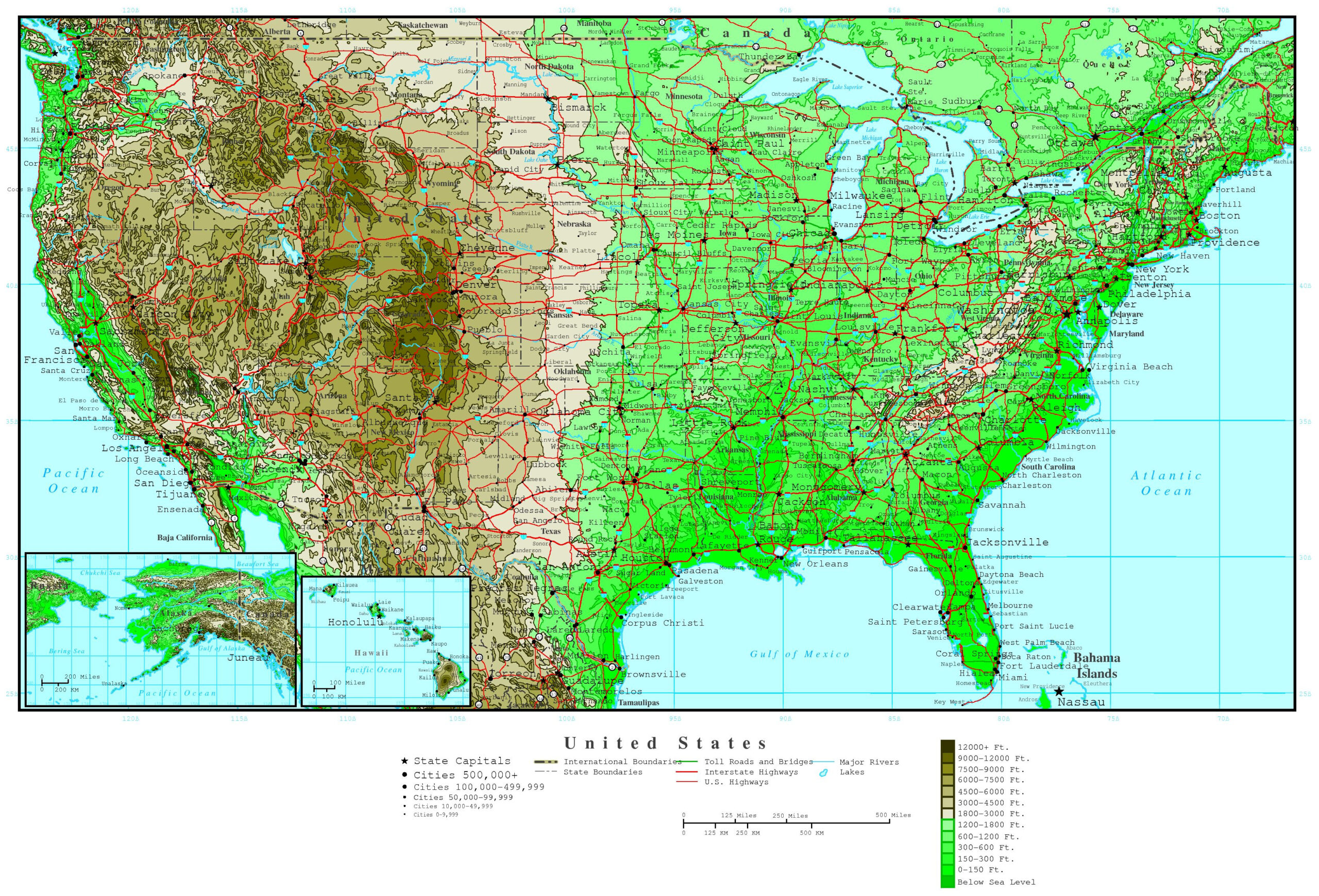 Large Detailed Road And Elevation Map Of The Usa. The Usa Large with regard to Topographic Map Of Usa With Highways