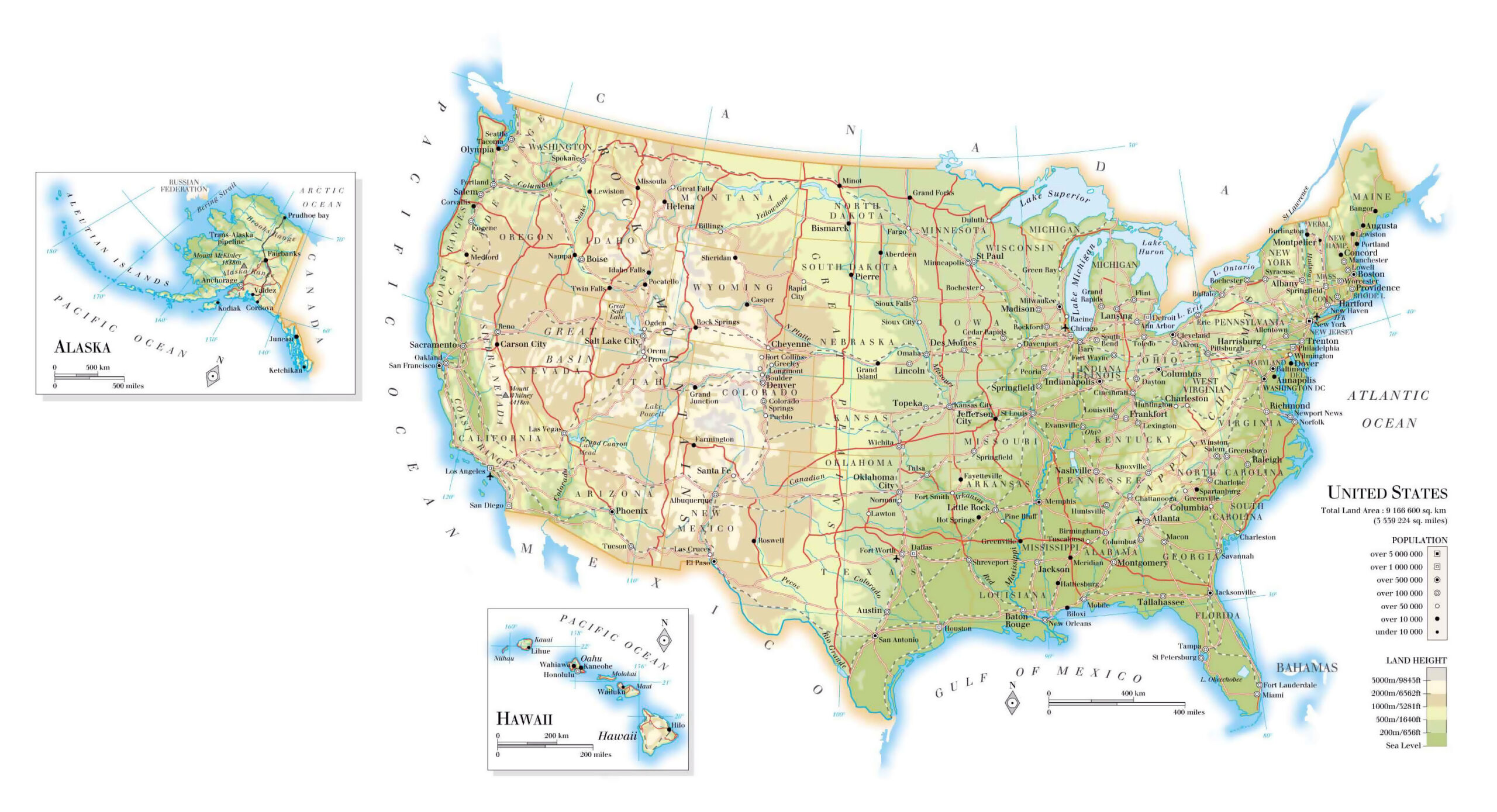 Large Elevation Map Of The United States With Roads, Railroads regarding Map Of Usa With Major Cities And Highways