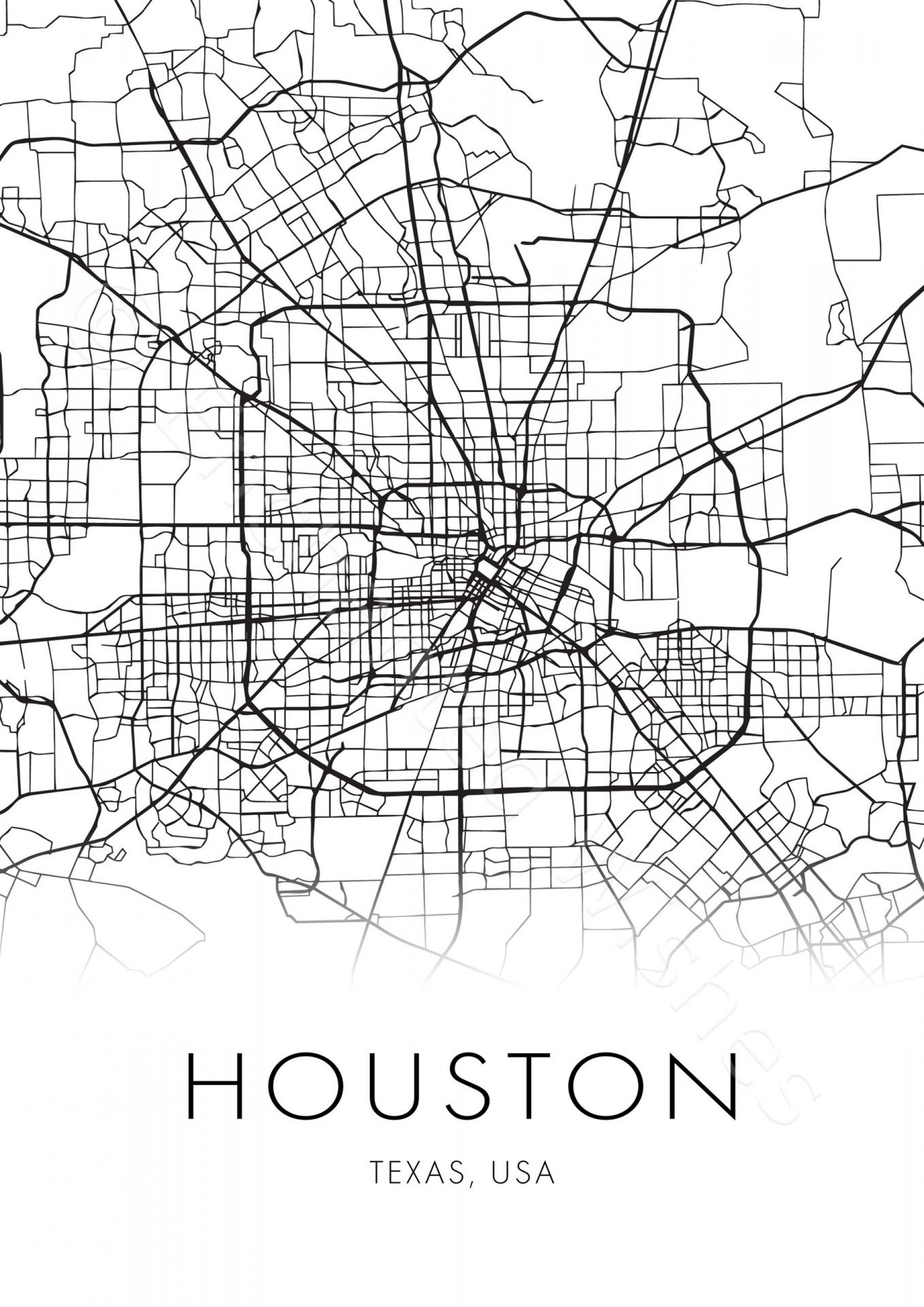 Large Houston City Map Print - Wall Art Printable Prints with Street Map of Houston Texas USA