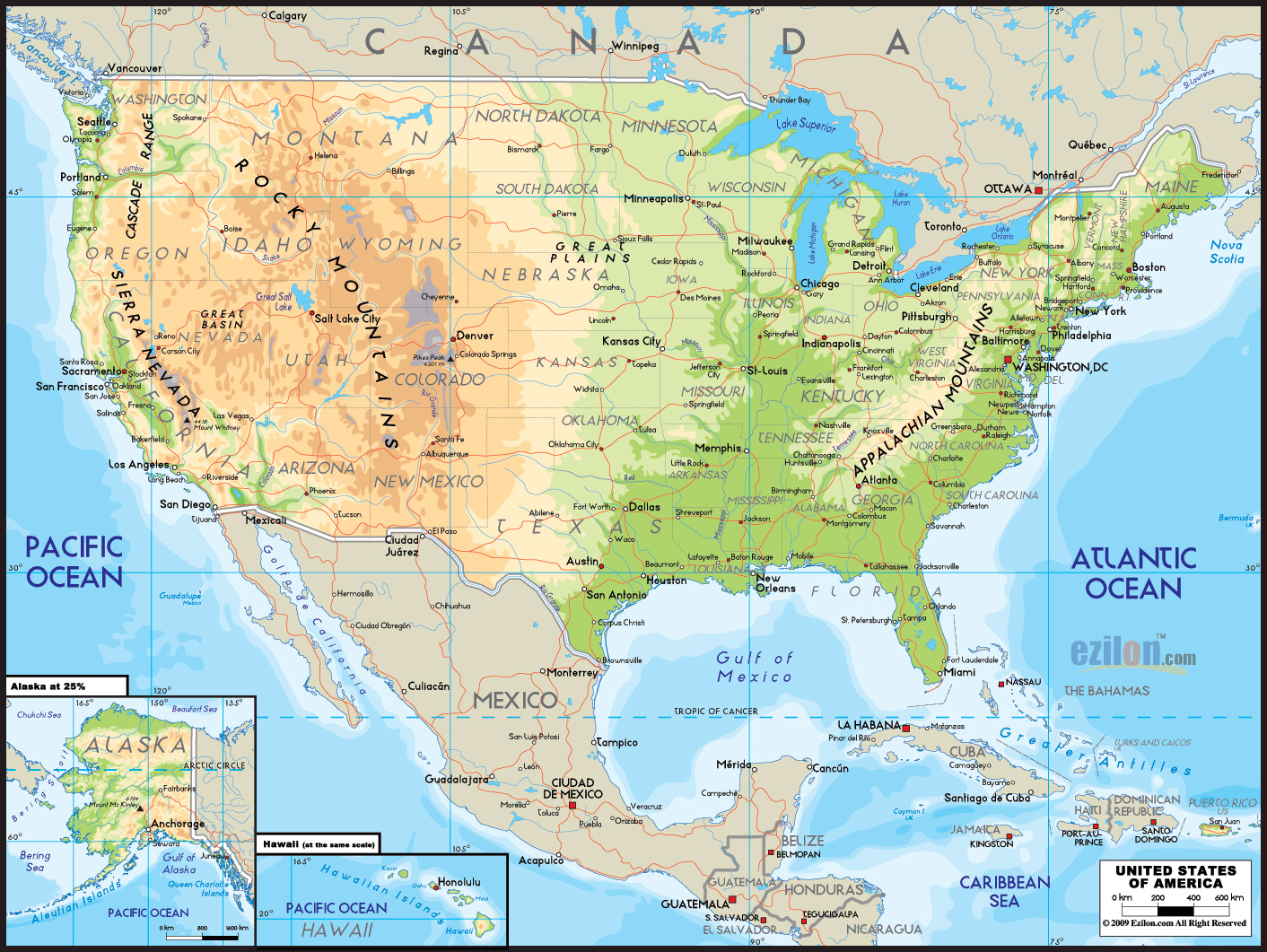 Large Physical Map Of The United States With Roads And Major for Physical Map of USA with States and Cities
