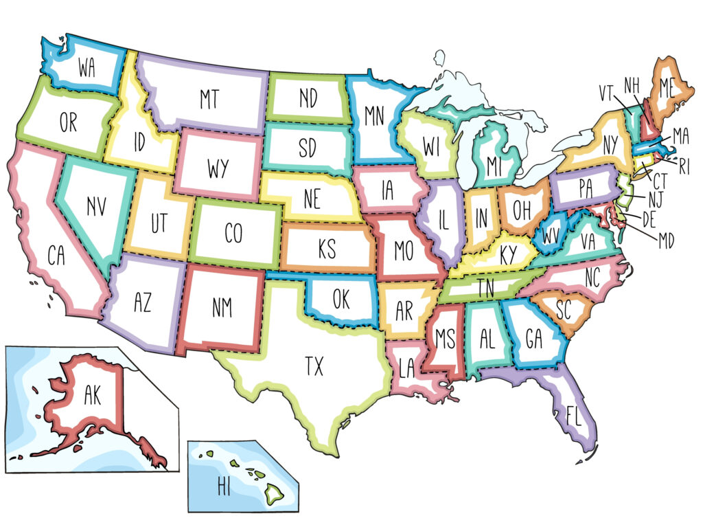 Map of USA with States Labelled