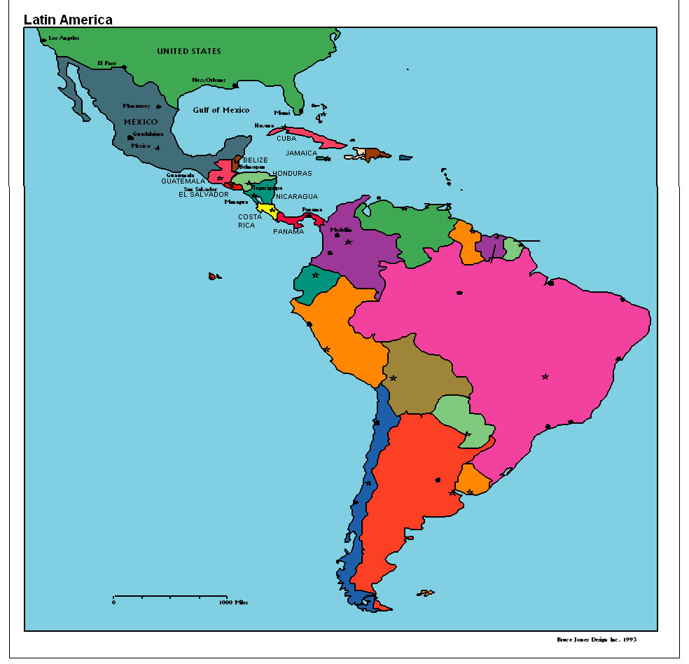 Latin America Political Map inside Map of USA and Latin America