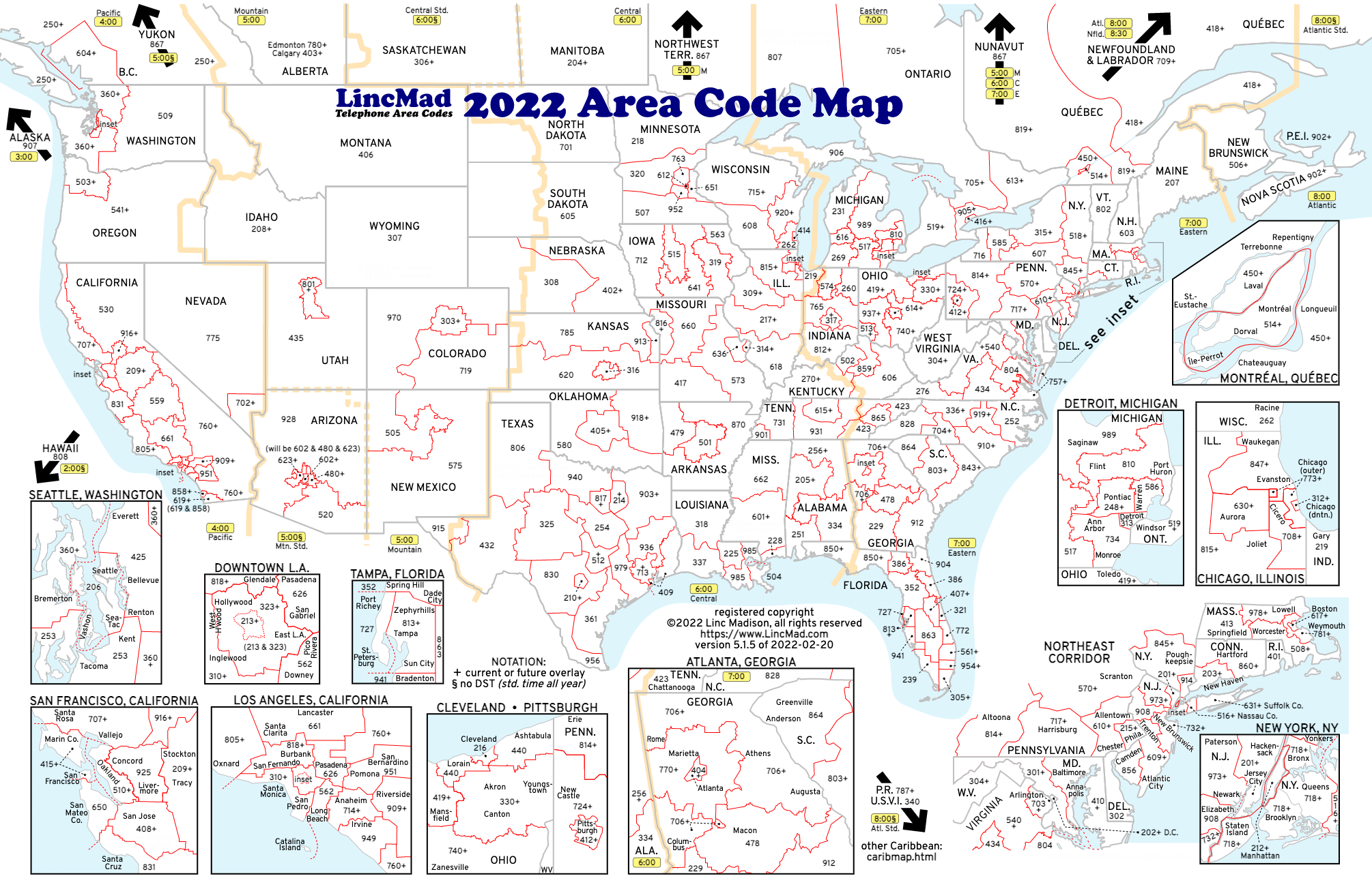 Lincmad&amp;#039;S 2022 Area Code Map With Time Zones intended for Map Of Usa With Time Zones And Area Codes