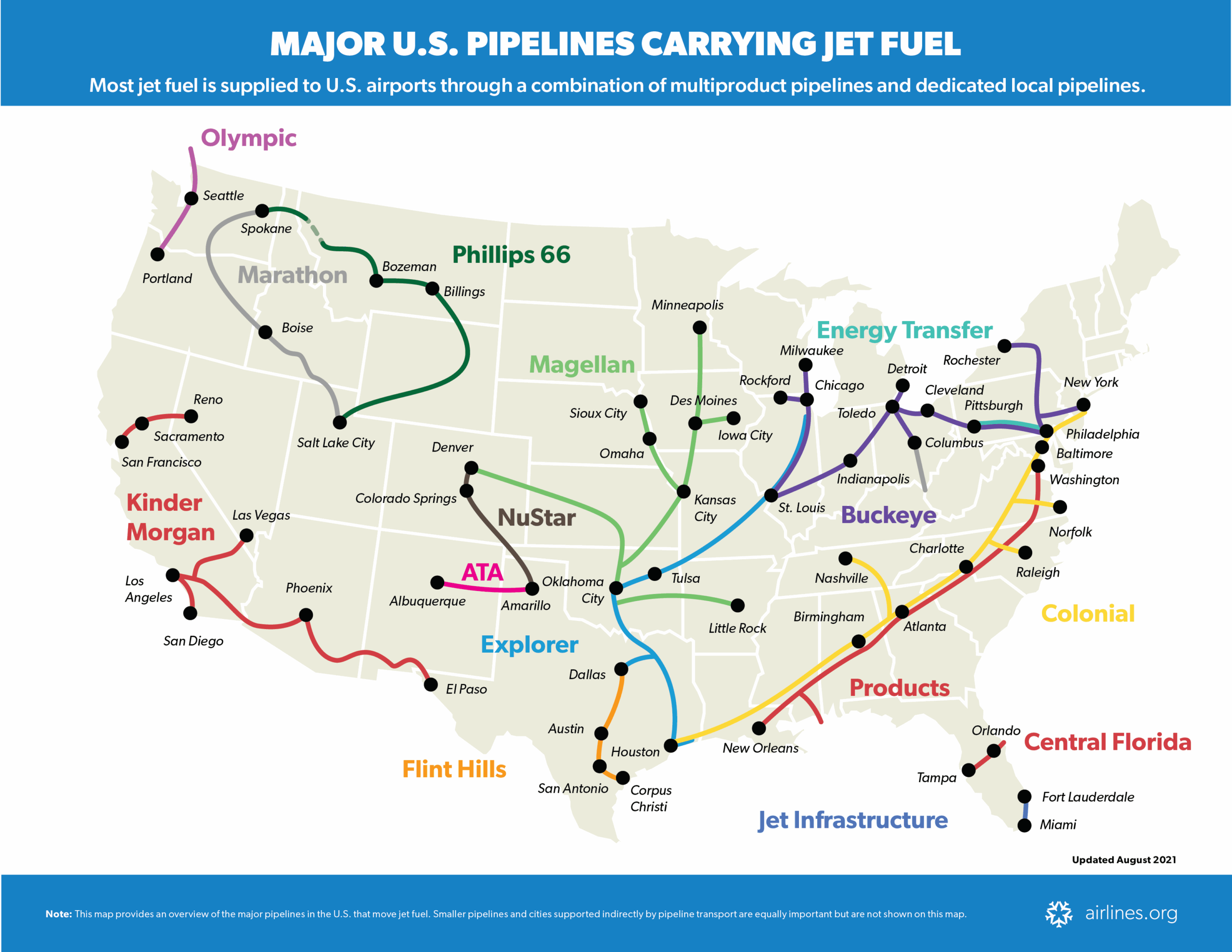 Major U.s. Pipelines Carrying Jet Fuel | Airlines For America intended for Map Of Underground Pipelines In Usa