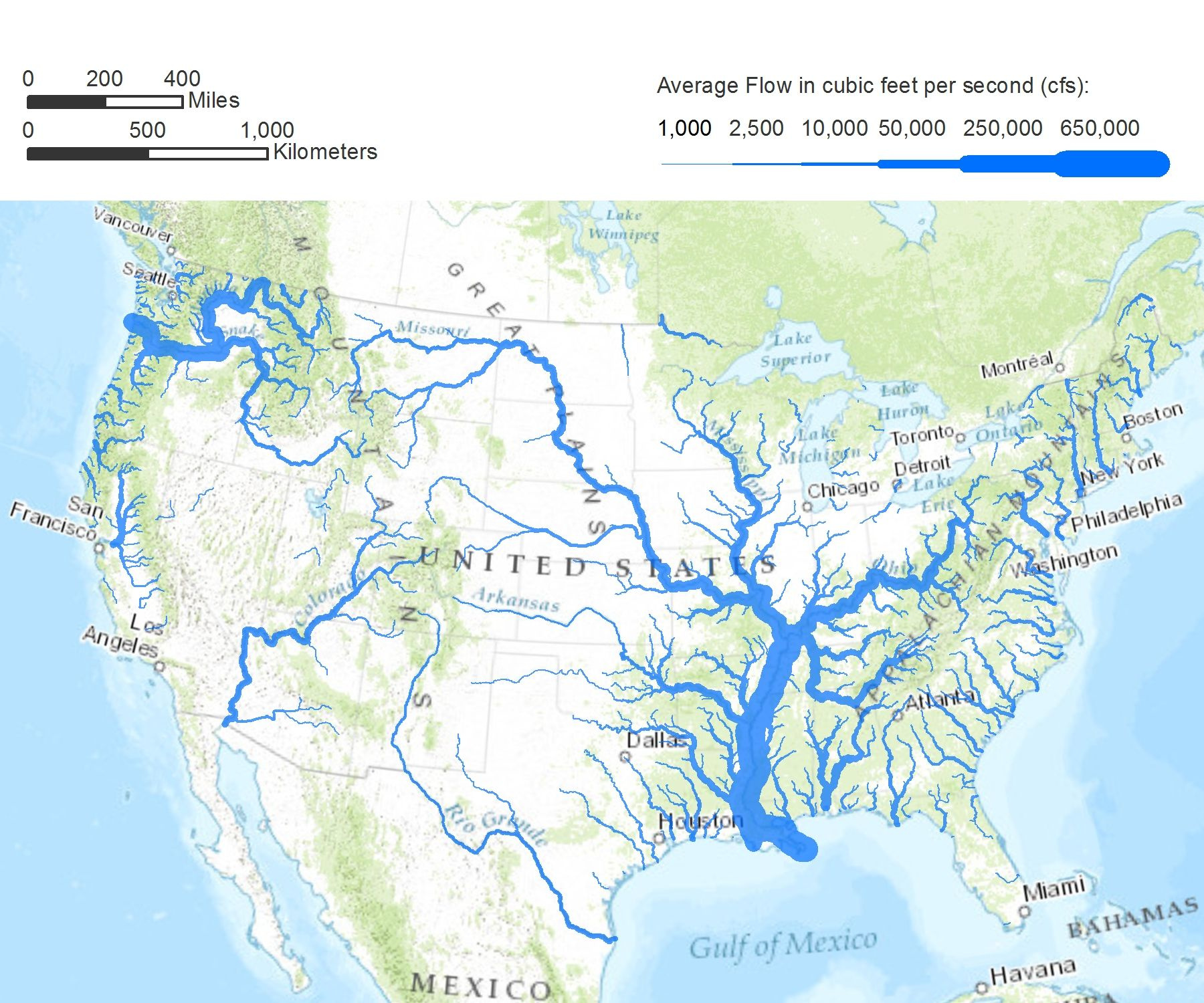 Major Usa River Map With An Emphasis On Volume / Flow Rate : R/Mapporn for Map of USA with Bodies of Water Labeled