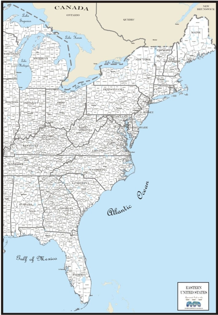 Map Of East Coast USA And Canada Map Custom East Coast Usa Region County Outline County Names Within Map Of East Coast Usa And Canada 710x1024 