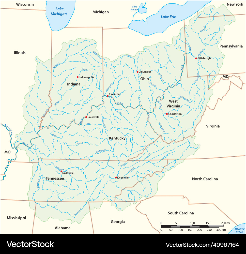 Map Drainage Basin Of The Ohio River Usa Vector Image regarding Map Of Usa With Ohio River