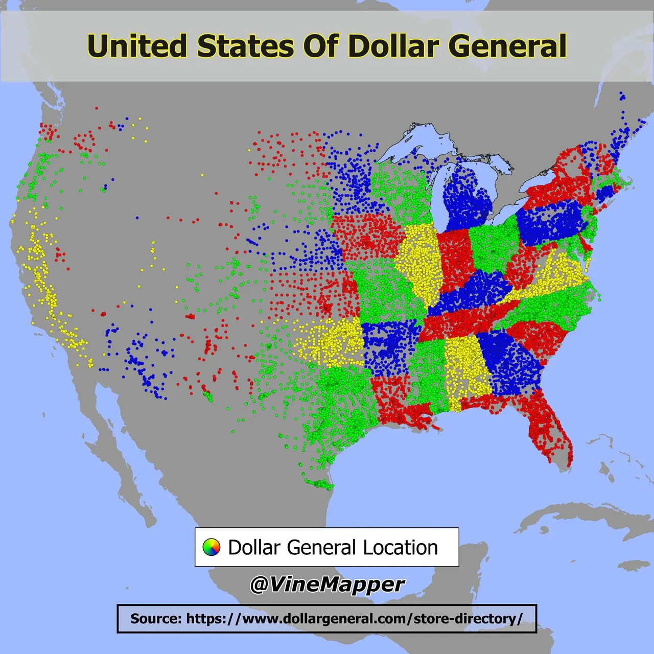 Map Of All 20,039 Dollar General Locations In The Usstate for List Of Dollar General Stores Closing 2025 Usa Map
