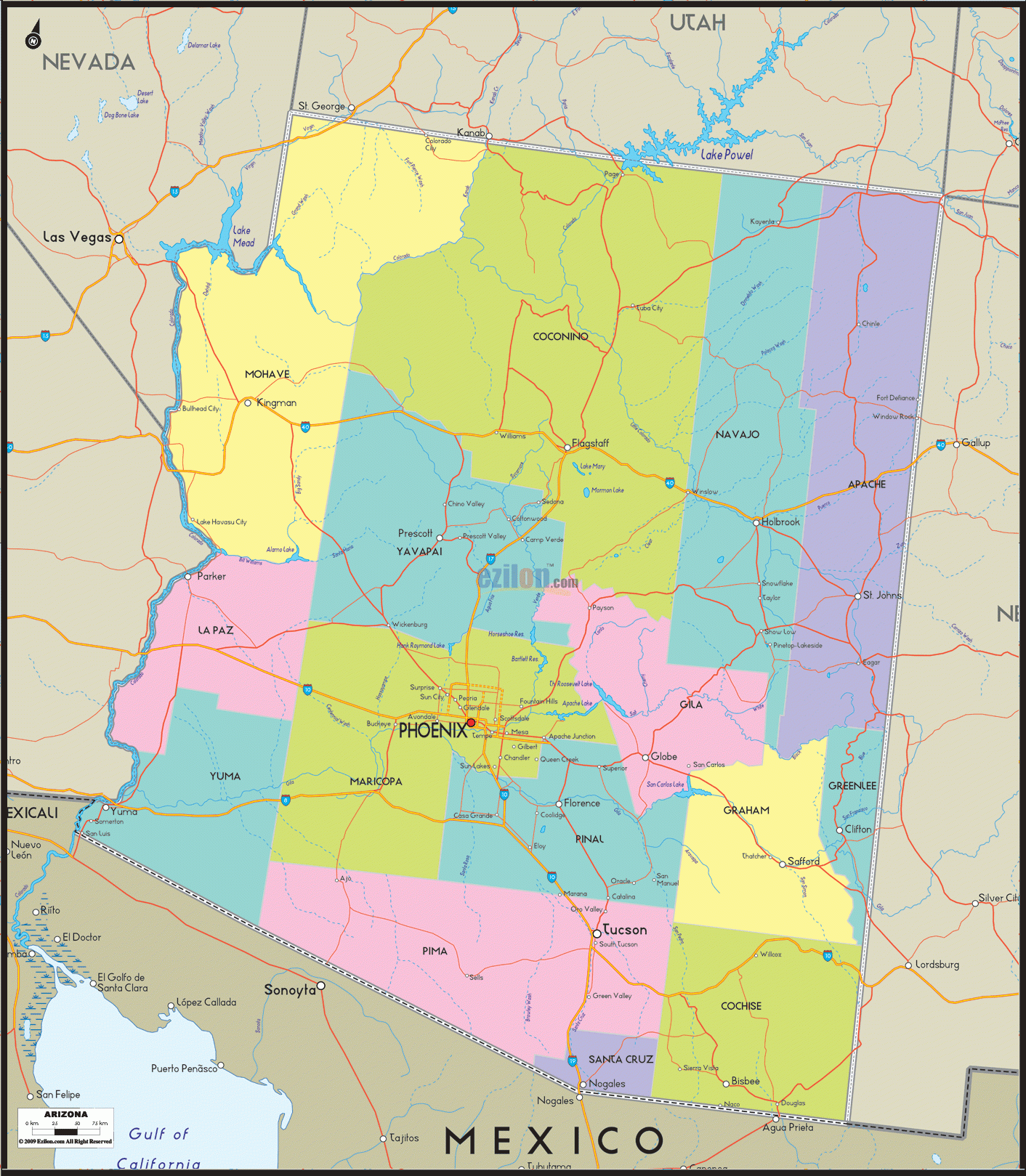 Map Of Arizona - Arizona Map With Cities, Counties And Roads within Show Arizona On Map of USA