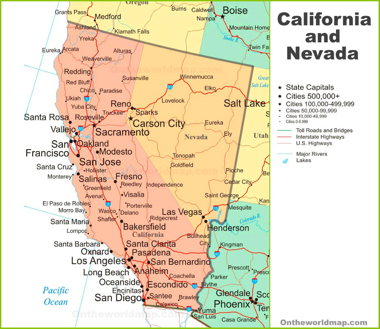 Map Of California And Nevada - Ontheworldmap with regard to Large Map Of West Coast Usa