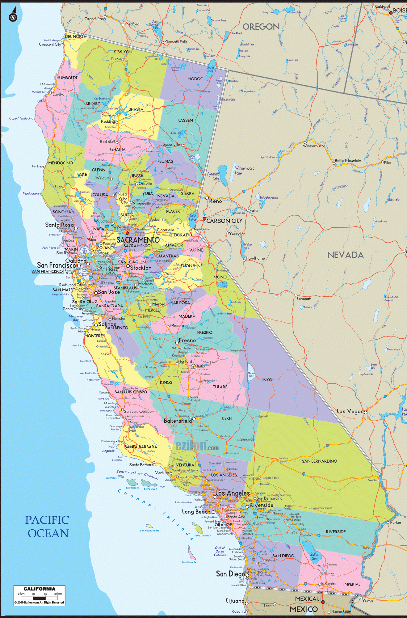 Map Of California - California Map With Cities, Counties And Roads with regard to Map Of California Usa With Cities