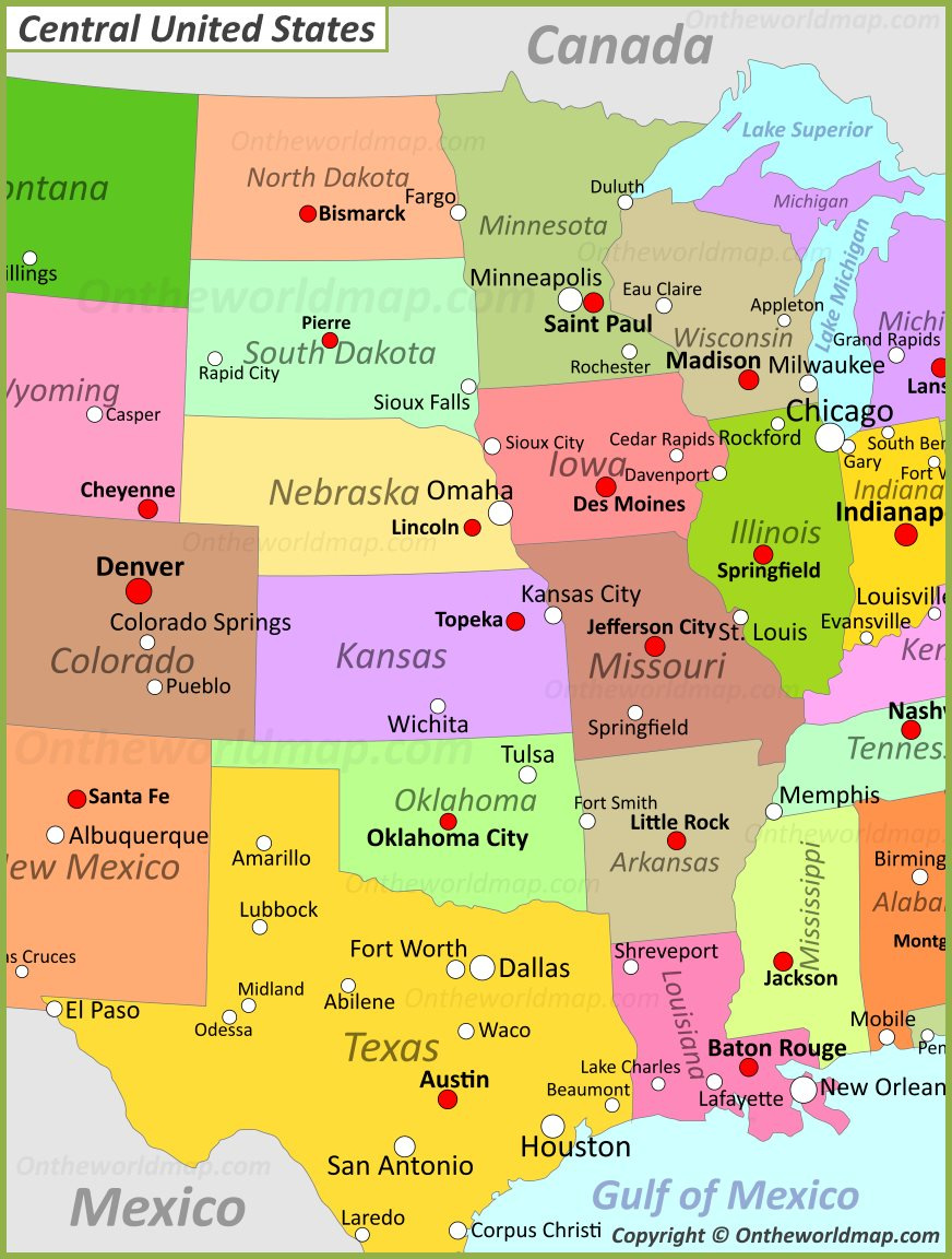 Map Of Central United States - Ontheworldmap throughout Map Of Central Usa With States And Cities