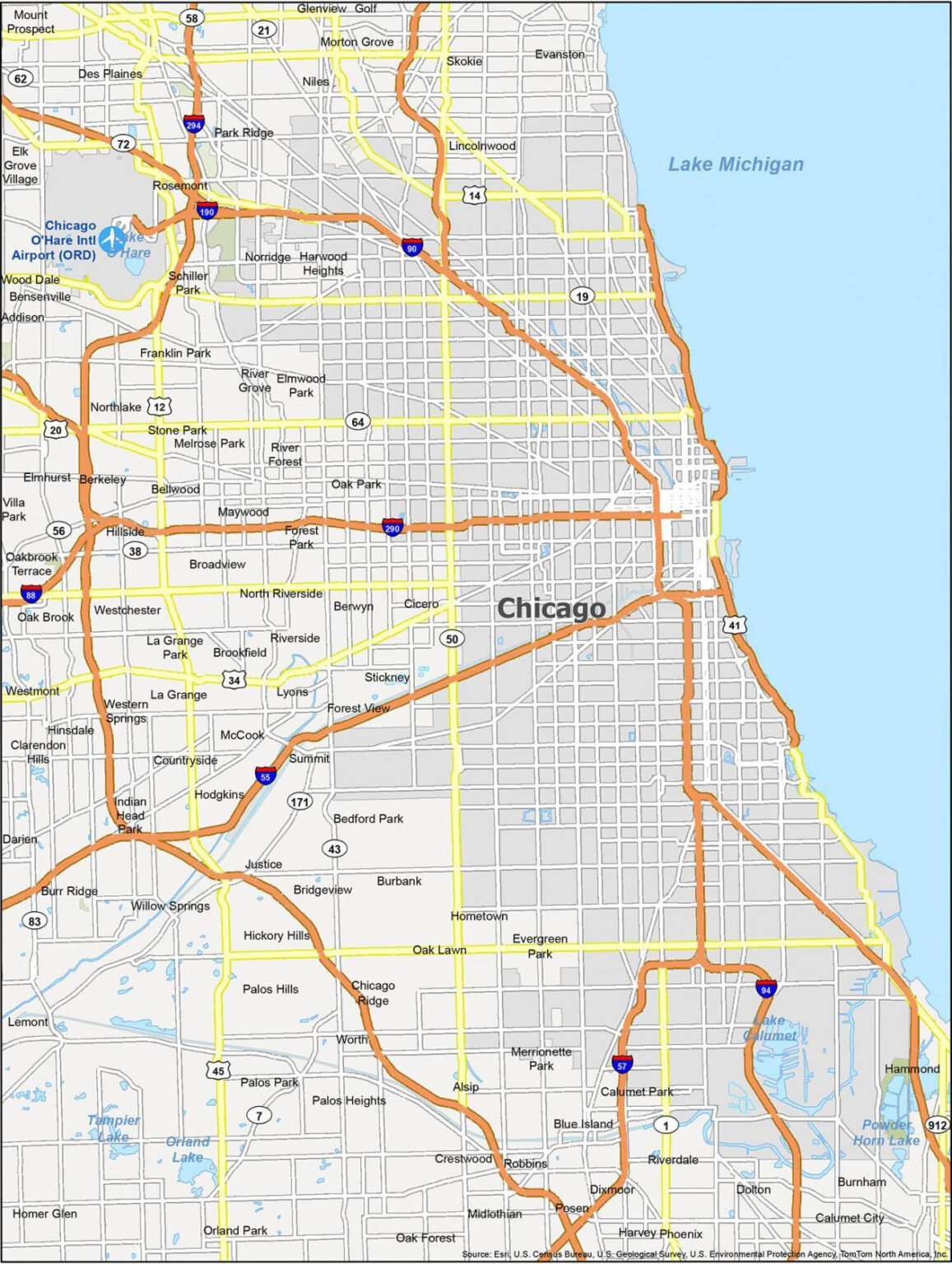 Map of USA Chicago with States and Cities
