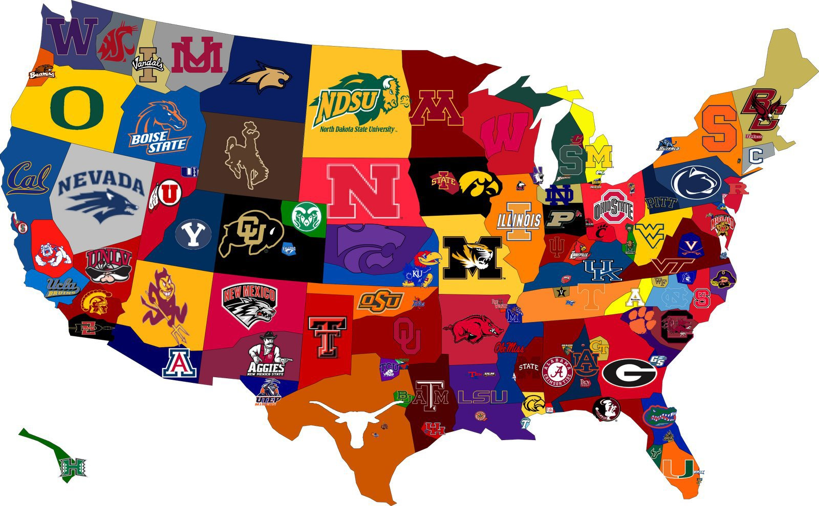 Map Of Colleges Dominance [1600 × 990] : R/Mapporn throughout Map Of All Colleges In Usa