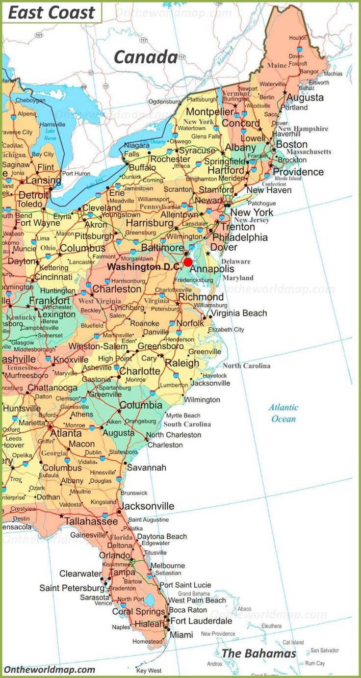 Map Of East Coast Of The United States in Map of Eastern Seaboard USA and Canada