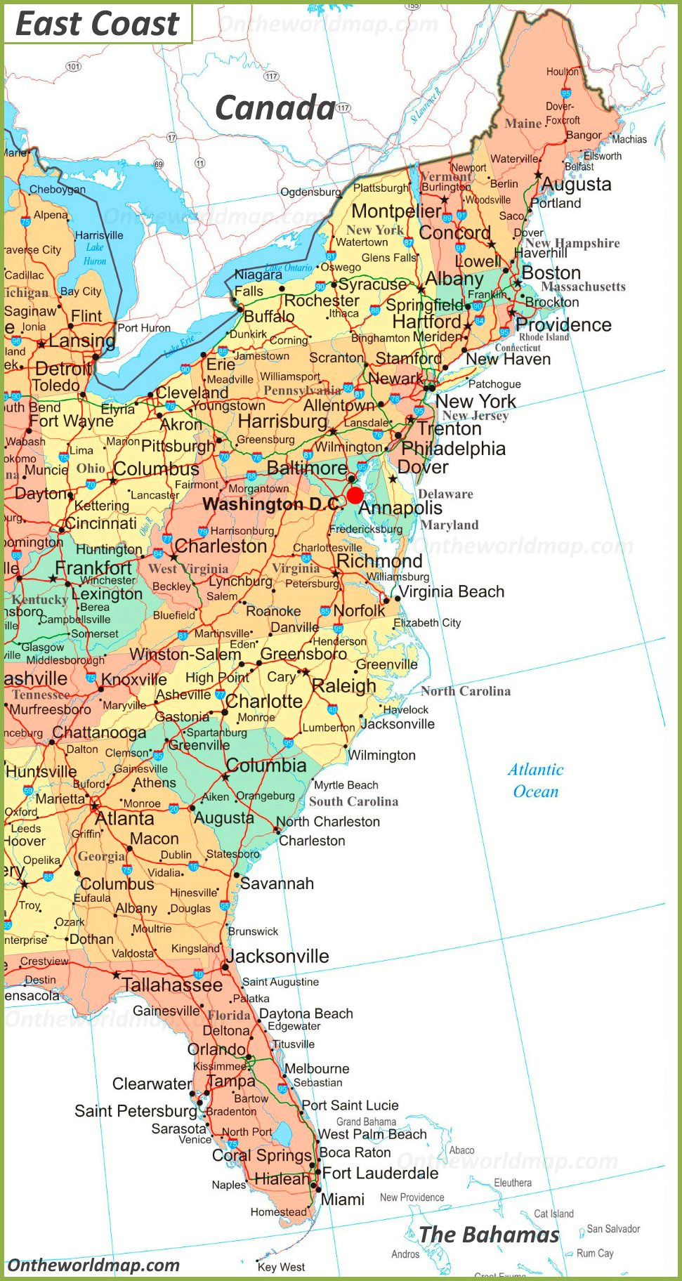 Map Of East Coast Of The United States - Ontheworldmap within Map Of Ne Coast Of Usa